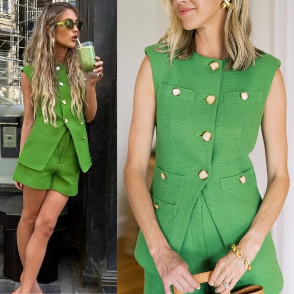 Veronica Beard Tamara Vest Cactus Green Tweed Suit Size 4 - Picture 2 of 12